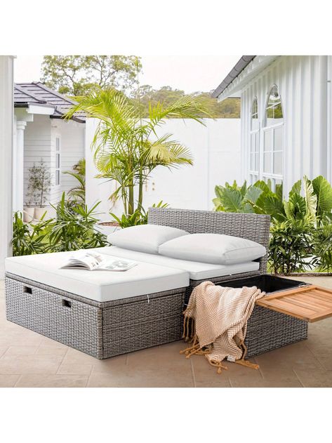 Outdoor Rattan Lounge Chair With 2 Side Tables, Multifunctional Outdoor Patio Daybed With Footrest, Cushions, Storage Ottoman,Chaise Lounge Chair For Backyard Porch PoolsideI discovered amazing products on SHEIN.com, come check them out! Bench For Porch, Outdoor Bed Ideas, Patio Bed, Wicker Daybed, Patio Lounge Furniture, Star Gaze, Daybed Sets, Spacious Sofa, Rattan Daybed