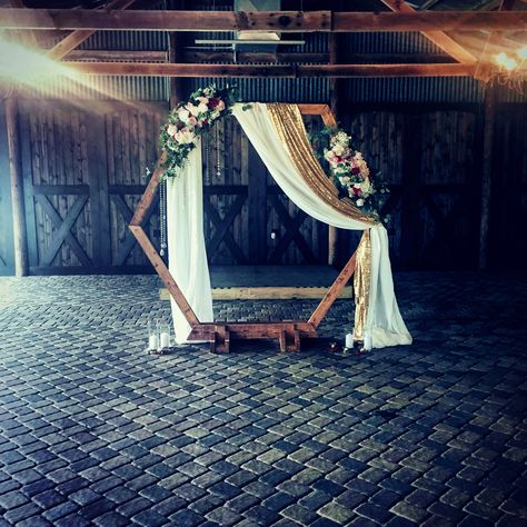 Octogon Archway Wedding Decor, Octagon Wedding Arch Decor, Hexagon Decor Wedding, How To Decorate A Hexagon Wedding Arch, Hexagon Wedding Arch With Drapery, Octagon Wedding Arch, Hexagon Arch, Barn Wedding Ceremony, Wood Wedding Arches