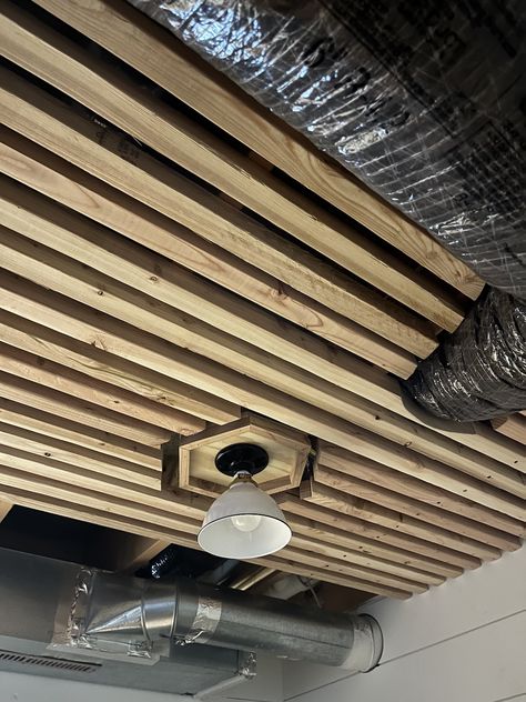 Removable Basement Ceiling Idea » Tree Farm Design Co. Diy Wood Drop Ceiling, Cheap Way To Cover Basement Ceiling, Wood Panel Ceiling Basement, Beadboard Basement Ceiling, Basement Ceiling With Duct Work, Diy Basement Ceiling Ideas Cheap, Temporary Basement Ceiling, Accessible Ceiling Ideas, Cork Ceiling Panels