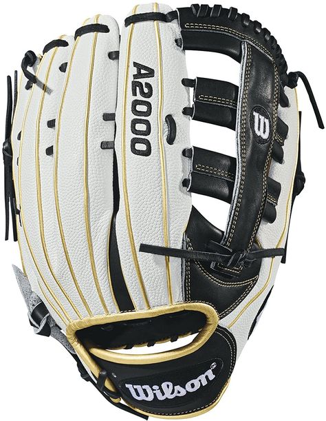 Wilson A2000 SuperSkin 13" Slowpitch Softball Glove 13" reinforced single post ladder web White SuperSkin with black and metallic gold accents New pattern featuring gap welting Pro Stock leather Dual welting Right Hand Throw = Left Hand Glove, Left Hand Throw = Right Hand Glove Custom Softball Gloves, Softball Batting Gloves, A2000 Softball Glove, Slowpitch Softball, Wilson Baseball Gloves, Slow Pitch Softball, Pitching Machine, Softball Gloves, Cycling Bib Shorts