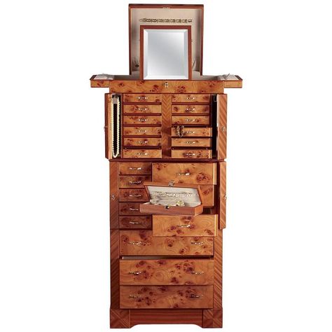 Agresti contemporary Jewelry Armoire Safe in Elm Briar and Mahogany 1 Black Armoire, Modern Jewelry Box, White Jewelry Armoire, Jewelry Armoires, Luxury Safe, Wooden Jewellery, Outdoor Pouf, Outdoor Side Tables, Jewelry Chest