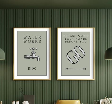 Printable Set of Two 2 Vintage Monopoly Art Prints, Bathroom Art Print, Sage Green Bathroom Wall Art, Fun Art Print, Cool Art, Monopoly Art - Etsy Set Of Three Prints, Green Bathroom Art, Vintage Bathroom Art, Sage Green Bathroom, Mint Green Bathrooms, Monopoly Art, Vintage Monopoly, Prints Bathroom, Fun Art Print