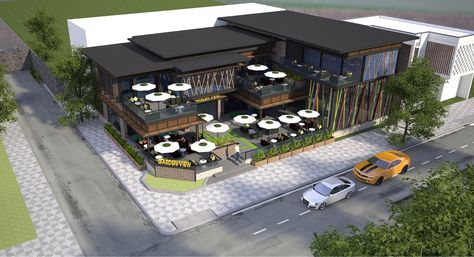 Cafeteria Design Exterior, Modern Restaurant Design Exterior, Restaurant Design Concepts, Restaurant Floor Plan, Contemporary Restaurant, Rooftop Restaurant Design, Restaurant Exterior Design, Resturant Design, Restaurant Designs