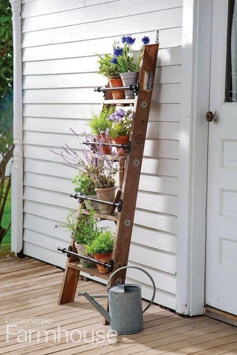 Ladder Planter, Plant Ladder, Garden Ladder, Porch Plants, Old Ladder, Diy Flower Pots, Flower Pot Garden, Vertical Gardens, Wooden Ladder