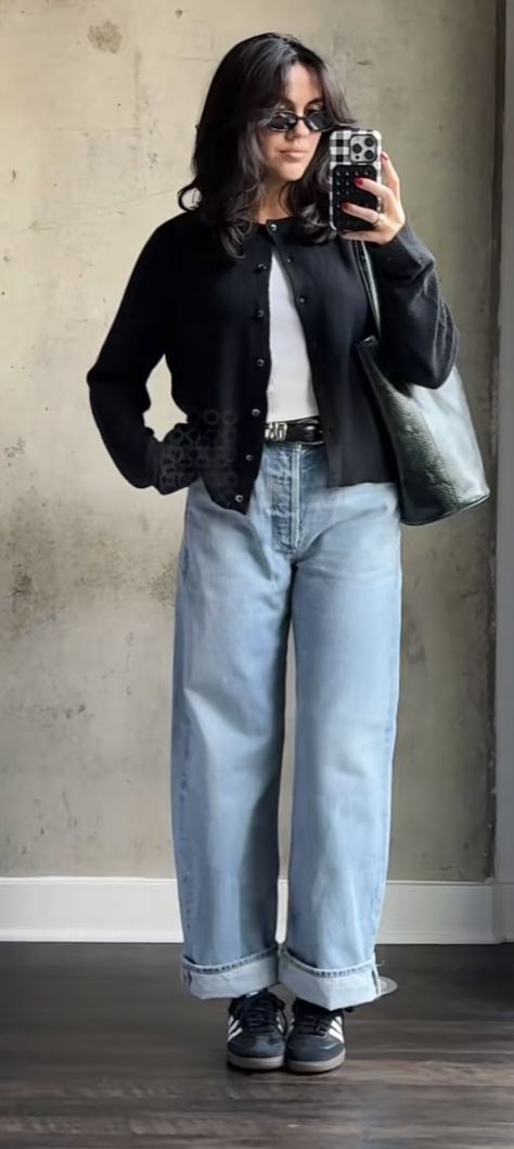 Dark Wash Jeans Outfit Fall, Cuffed Wide Leg Jeans Outfit, Light Wash Wide Leg Jeans Outfit, Dress And Loafers Outfit, Dark Wash Jeans Outfit, Cuffed Jeans Outfit, Dark Washed Jeans Outfit, Cropped Denim Jacket Outfit, Baggie Jeans Outfit