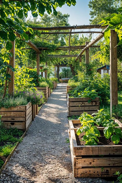 Rustic Garden Pergola, Big Veggie Garden, House Gardens Ideas, Dream Veggie Garden, Garden With Vegetable Patch, Farm Style Garden Ideas, Vegetable Garden With Seating Area, Horizontal Garden Ideas, Home Veggie Garden Aesthetic