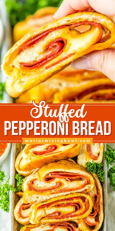 Learn how to make Stuffed Pepperoni Pizza Bread! This 4th of July appetizer recipe is so easy. Wonderfully cheesy and fun to eat, this pepperoni stuffed bread is sure to be a hit! Serve this party food idea with marinara sauce! Pepperoni Roll Appetizers, Garlic Butter Pepperoni Rolls, Easy Stuffed Bread Recipes, Pepperoni Rolls With Pizza Dough, Stuffed Breads Recipes, Stuff Bread Recipes, Pepperoni Bread With Pizza Dough, Peporoni Rolls, Bread Ring Recipes