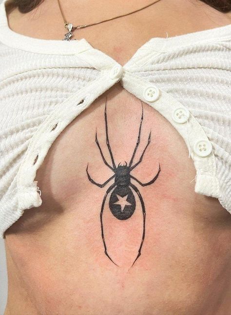 Spider Star Tattoo, Spider Web Stick And Poke, Spider Shin Tattoo, Y2k Spider Tattoo, Drawing On Skin Ideas, Red Spider Tattoo, Spider Hip Tattoo, Cute Spider Tattoo, Small Spider Tattoo