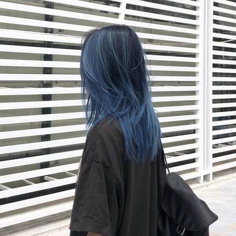 Ice Blue Highlights In Black Hair, Hair Styles For Blue Hair, Blue In Black Hair, Black With Dark Blue Highlights, Dark Blue To Light Blue Hair, Dark Green Hair Highlights Brunettes, Dark Roots Blue Hair, Blue Black Hair With Bangs, Partial Blue Hair