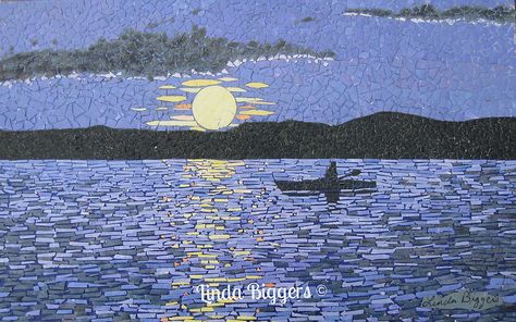 Sacandaga Evening | eggshell mosaic 12" x 8" | Linda Biggers | Flickr Egg Shell Art Eggshell Mosaic, Mosaic Window, Eggshell Mosaic, Mosaic Art Supplies, Mosaics Art, Landscape Mosaic, Mosaic Art Diy, Egg Shell Art, Landscape Art Quilts