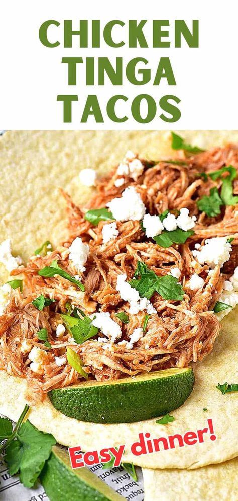 This Mexican chicken filling is spicy and incredibly yummy on its own. But Chicken Tinga Tacos are something else, and you need to try them. The shredded chicken makes this Mexican-inspired recipe rich and succulent. I serve them with lime, fresh cilantro and crumbled queso fresco. Chicken Tinga Tacos, Tinga Tacos, Hand Held Food, Chicken Tinga, Weekday Meals, Mexican Chicken, Taco Recipes, Chicken Tacos, Fresh Cilantro