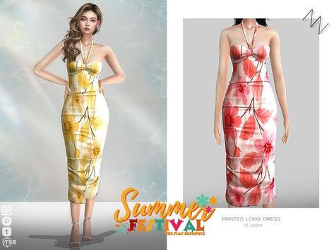 The Sims Resource - PRINTED LONG DRESS Sims 4 Floral Dress, Sims Aesthetic, 2000s Dress, Printed Long Dress, Strapless Summer Dress, Sims 4 Dresses, Tropical Dress, Female Clothing, Cc Sims