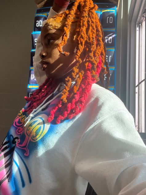 Orange And Pink Locs, Red And Ginger Locs, Red And Orange Locs, Ginger And Red Locs, Dyed Hair Dreads, Multi Color Locs, Ginger And Pink Locs, Red And Blonde Locs, Loc Dye Ideas