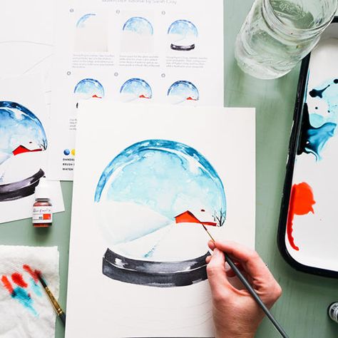 Snowglobe Watercolor, Simple Winter Landscape, Mermaid Tutorial, Watercolour Christmas Cards, Christmas Watercolors, Sip And Paint Ideas, Iris Watercolor, January Colors, Dandelion Painting