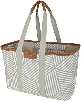 CleverMade 30L SnapBasket LUXE - Reusable Collapsible Durable Grocery Shopping Bag - Heavy Duty Large Structured Tote, Geometric Taupe Structured Tote Bag, Utility Tote Bag, Large Utility Tote, Grocery Shopping Bags, Work Accessories, Utility Tote, Everyday Tote, Reusable Shopping Bags, Reusable Grocery Bags