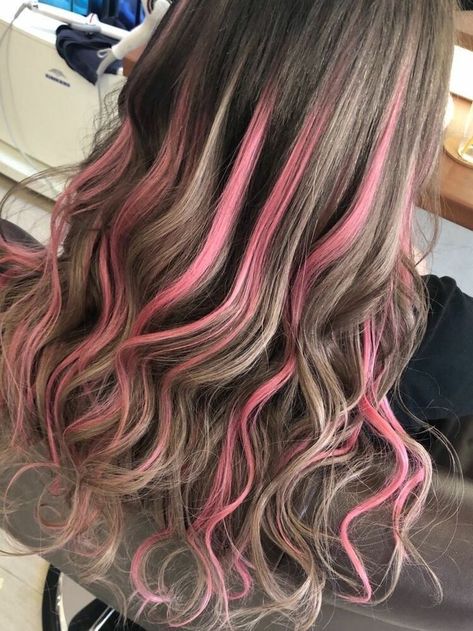 Brown Hair Pink And Blonde Highlights, Bubblegum Pink Highlights, Light Pink Chunky Highlights, Pink And Blonde Highlights In Brown Hair, Colored Highlights In Black Hair, Pink Bayalage Hair, Pink Hair Brown Hair, Pink Striped Hair, Briar Beauty Ever After High