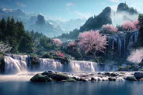 Waterfall Aesthetic Wallpaper Laptop, Scenery Horizontal, Nature Horizontal, Fall Waterfall, Paradise Aesthetic, Waterfall Mountain, Water Colouring, Waterfall Background, Bathroom Painting