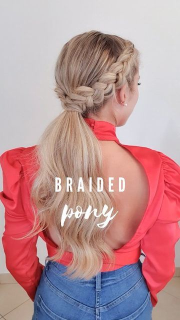 2 Braids Into Low Ponytail, Bread Ponytail Hairstyles, Wedding Guest Hairstyles Middle Part, Side Dutch Braid Into Ponytail, Side Dutch Braid Ponytail, Bridal Low Ponytail With Braid, Braids To Low Pony, Side Dutch Braid With Curls, Dutch Braids Into Low Ponytail