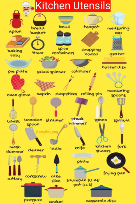 kitchen things name in english Things Name In English, Kitchen Utensils List, Kitchen Essentials List, Food Vocabulary, Culinary Techniques, English Learning Spoken, Kitchen Things, English Lessons For Kids, English Writing Skills