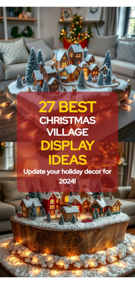 Christmas village display Miniature Christmas Village Ideas, Christmas Village Displays Ideas, How To Make Christmas Village Tree Display, Christmas Village Under Tree Ideas, Diy Village Display Ideas, Village Display Ideas Christmas, Xmas Village Display Ideas Diy, Christmas Village Modern, Displaying Christmas Villages