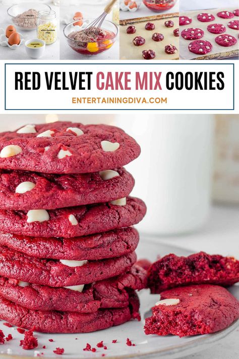 Make these super fun and delicious Red Velvet Cake Mix Cookies! Made with white chocolate chips and boxed cake mix, they'll be ready in just only 30 minutes. A super tasty and elegant dessert recipe for any special occasion! Easy Red Velvet Cake, Red Velvet Cake Mix Cookies, Cookies With White Chocolate Chips, Red Velvet Cookie Recipe, Valentines Party Food, Cookies With White Chocolate, Cake Mix Ingredients, Red Velvet Cake Mix, Jello Shot