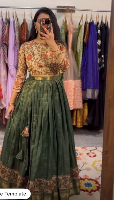 Lehenga Tops Designs, Kalamkari Lehengas, Langa Blouse Designs, Long Gown Dress From Saree, Traditional Frocks, Traditional Maxi Dress, Embroidered Wedding Dresses, Embroidered Bookmarks, Long Skirt Top Designs