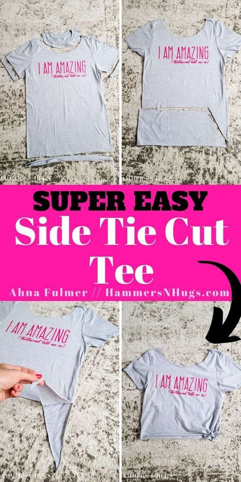 Take any old t-shirt and a pair of scissors and learn how to cut a shirt into a cute side-tie tee with this easy DIY tutorial. Tap on this pin to get this DIY tutorial and more with Ahna Fulmer // HammersNHugs.com. #craft #fashion #diy Distress Tee Shirts Diy, How To Cut A Tee Shirt To Make It Cute, Alter Tshirt, Diy Cut T-shirts, How To Cut A Tshirt Cute, Cut T Shirt Neckline, Cut A Shirt, Tshirt Hacks, Shirt Tuck