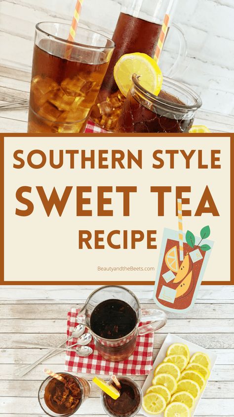 The most delightful Southern style sweet tea recipe on the planet. This is the real deal y'all, this ain't for the faint of heart. Southern Style Sweet Tea, Texas Sweet Tea Recipe, Southern Sweet Tea Recipe, Sweet Tea Recipe, Masters Party, Southern Style Cooking, Blackberry Tea, Sweet Tea Recipes, Healthy Beverages