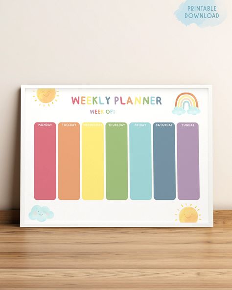 Kids Weekly Schedule, Weekly Planner For Kids, Kid Schedule Printable, Toddler Calendar, Week Planner, Weekly Schedule Printable, Week Schedule, Neutral Rainbow, Daily Calendar