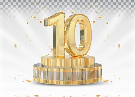 PSD number 10 gold with podium 3d render | Premium Psd #Freepik #psd #3d-numbers #number-6 #3-3d #number-7 100 Design Number, 10 Number Design, 10 Number Design Graphics, Number Standee, Number 10 Design, Background Numbers, 3d Numbers, Number Gold Png, 10 Number