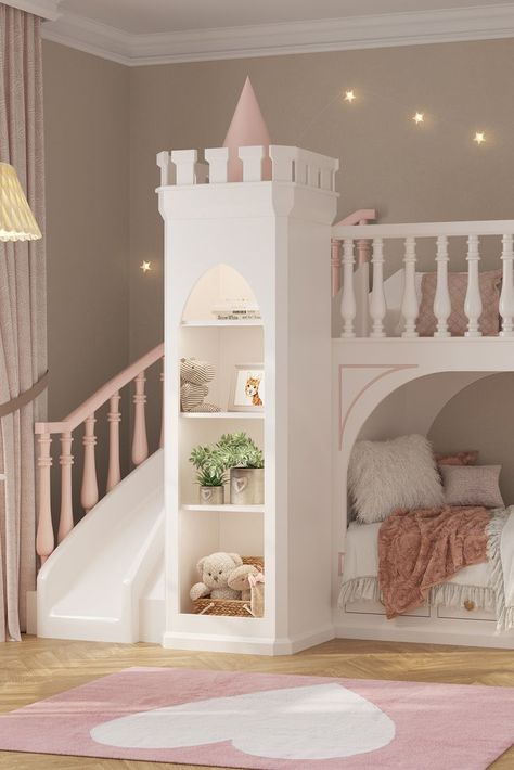 Princess Castle Bed With Slide, Princess Twin Bed, Princess Slide Bed, Castle Beds For Girls Room, Minimalist Princess Bedroom, Rainbow Theme Bedroom Kids Rooms, Princess Bed Ideas, Princess Playroom Ideas, Toddler Girl Princess Bedroom