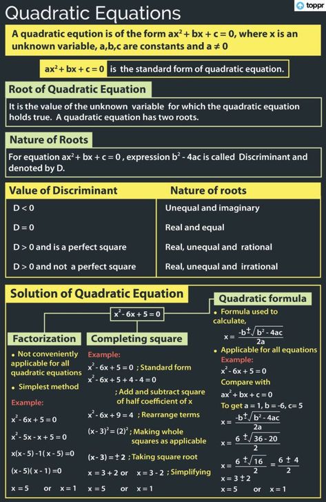 Nature Of Roots, Algebra Notes, Equations Notes, Math Problem Solver, Quadratic Equations, Solving Quadratic Equations, Quadratic Formula, High School Curriculum, Math Notes