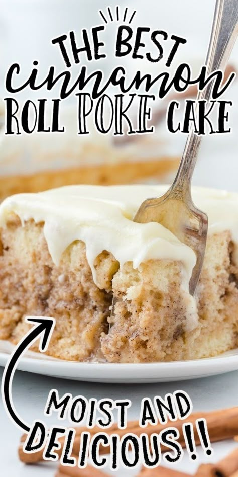 Cinnamon Poke Cake Recipe, Poke Cake Yellow Cake, Cinnamon Roll Poke Cake Recipe, Vanilla Poke Cake Recipes, Cinnamon Poke Cake, Cinnamon Roll Poke Cake, Vanilla Cake Mix Recipes, Cinnamon Dessert Recipes, Cinnabon Cake