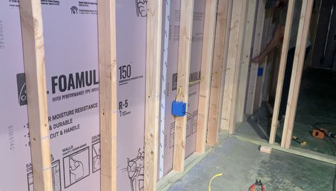 How to Install Rigid Foam Board Insulation (on Basement Concrete Foundation Walls) - AT Improvements Foam Board Insulation, Insulating A Shed, Styrofoam Insulation, Diy Insulation, Rigid Foam Insulation, Pavers Diy, Foam Insulation Board, Ceiling Insulation, Roof Insulation