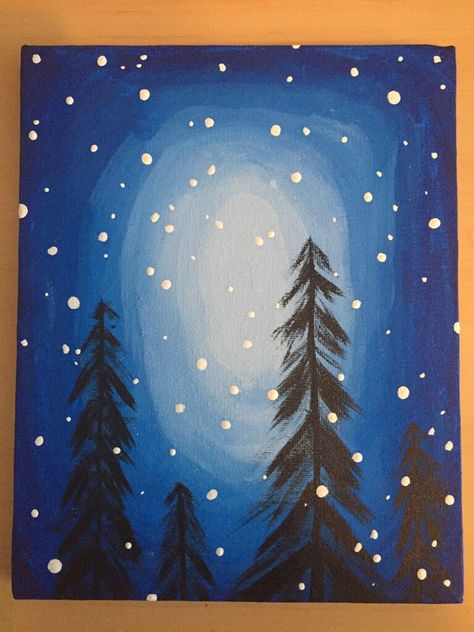 Snowy winter Simple Winter Canvas Painting Ideas, Winter Scene Paintings Easy, Easy Winter Paintings, Winter Night Drawing, Winter Wonderland Painting Easy, Snow Canvas Painting Easy, Snowy Night Painting, Winter Night Painting Snow Scenes, Winter Scene Paintings