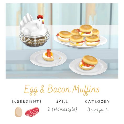 Egg & Bacon Muffins | Patreon Sims 4 Restaurant, Bacon Muffins, Breakfast Ingredients, The Sims 4 Pc, Cooking Bacon, Sims 4 Gameplay, Custom Recipe, The Sims 4 Download, Milk N Cookies