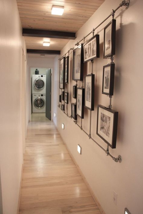 Cool Ways To Hang Pictures, Industrial Picture Wall, Modern Photo Wall, Photo Hanging Ideas, Industrial Hallway, Industrial Frame, Photo Hanging, Industrial Wall Decor, Hanging Ideas