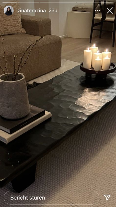 Black Coffee Table Aesthetic, Black Coffee Table Living Room, Japandi Living, Low Coffee Table, Dream Apartment, Exterior Decor, Coffee Table Design, Home Room Design, Decorating Coffee Tables