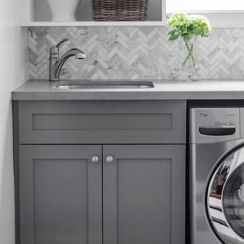 Calacatta Marble Herringbone Tiles, Transitional, laundry room, Well Nested Interiors Marble Herringbone Tile, Transitional Laundry Room, Marble Herringbone, Laundry Room/mud Room, Herringbone Backsplash, Diy Backsplash, Laundry Room Inspiration, Herringbone Tile, Laundry Mud Room