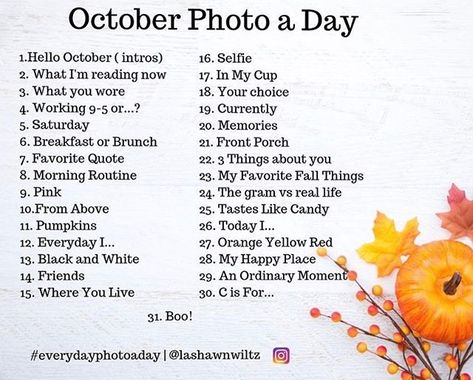 October Photo a Day prompts from the beautiful and talented @lashawnwiltz. Im going to make it my business to get through this one this month! #everydayeyecandy Photography Challenges, October Daily, Edit Image, Photo Challenges, Photo A Day Challenge, Challenge Ideas, Photo Prompts, Online Photo Editing, Edit Photos