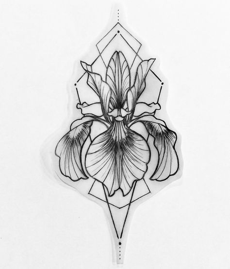 Iris tattoo design idea Geometric Bee Tattoo Design, Geometric Iris Tattoo, Iris And Peony Tattoo, Black And Grey Iris Tattoo, Iris Flowers Drawing Tattoo Ideas, Symmetrical Flower Design, Iris Forearm Tattoo, Iris Tattoo Sleeve, Iris Flower Tattoo Design