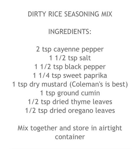 Dirty Rice Seasoning Recipe, Dirty Rice Seasoning, Meat Free Meals, Diy Seasonings, Rice Seasoning, Spice Rubs, Homemade Dry Mixes, Dry Rubs, Homemade Spice Mix