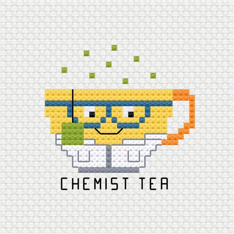 This tea cup dressed up as a chemist is the latest addition to the pun cross stitch pdf pattern series I am building up for my patrons Chemist tea cross stitch pdf pattern - Ringcat Soda Cross Stitch, Tea Cross Stitch, Mini Icons, Stitch Crafts, Everything Cross Stitch, Kawaii Cross Stitch, Tea And Books, Nice Nails, Cute Cross Stitch