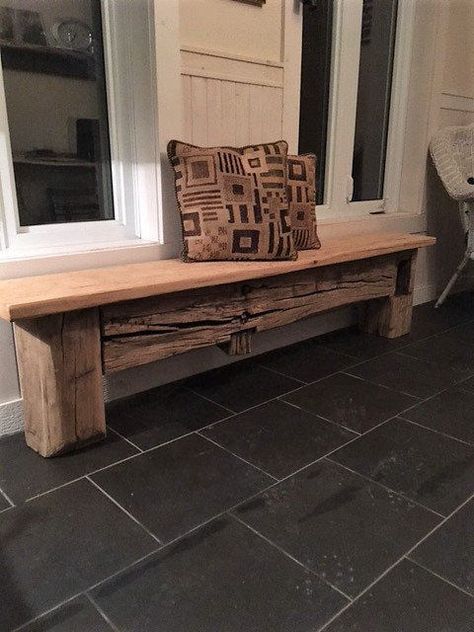 Made with probably the oldest beam i have , beautiful authentic look with a distressed uneven old barn plank showing its age . This bench can be use anywhere in your decor or at the table , will suit any style and lift up the entire room . This material is very rare by its age and method of hand making barn beams before the motor came . I would give its age around 1830 by knowledge of barns in eastern Ontario . A piece of history to have in your home and to pass on to your family , it will ... Old Beams Ideas, Hand Hewn Beams Ideas, Barn Beam Bench, Barn Beam Ideas, Barnwood Bench, Barn Board Crafts, Barn Board Projects, Rustic Benches, Diy Wood Countertops