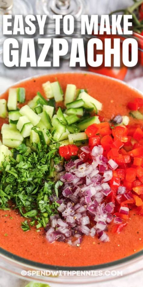 The best Gazpacho soup starts with fresh tomatoes and cucumbers! Toss all ingredients in a blender and blend to your desired chunky or smooth texture. Chill and serve this classic Spanish soup with a side of crusty bread or a crisp salad! #spendwithpennies #gazpacho #gazpachorecipe #healthy #soup #Spanish Gaspacho Soup Recipe, Gaspacho Recipe Easy, Cold Tomato Soup Recipes, Easy Gazpacho Recipe, Gazpacho Recipe Ina Garten, Gazpacho Recipe Puerto Rican, Gaspacho Soup Recipe Easy, Chopped Gazpacho Salad, Chunky Gazpacho Recipe