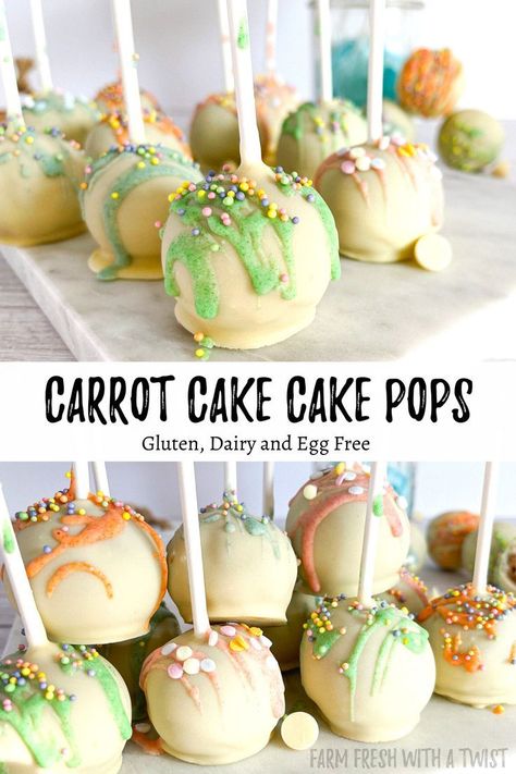 These Carrot Cake Cake Pops are bite sized pieces of carrot cake that’s mixed with icing, rolled into balls and dipped in white chocolate. Made entirely without gluten and dairy, everyone can enjoy these fun cake pops during Easter and spring! #glutenfree #vegan #dairyfree #eggfree #easter #spring #cake #cakepops Carrot Cake Cake Pops, Vegan Cake Pops, Cake Cake Pops, Fun Cake Pops, Dairy Free Cake, Cake Pop Stands, Caking It Up, Vegan Cake, Cake Cake