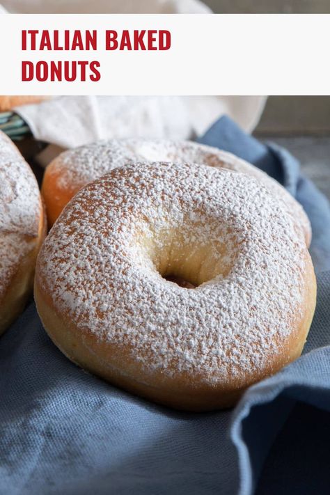 These Italian baked donuts are light and fluffy from the addition of yeast and have a light citrus taste! Instead of being fried they are baked, making the recipe both easy to make and impossible to stop at eating just one. Bomboloni Recipe, Bakery Buns, Italian Treats, Baked Donuts Easy, Italian Donuts, Cinnamon Bread Easy, Donut Calories, Yeast Donuts, Creative Dessert Recipes