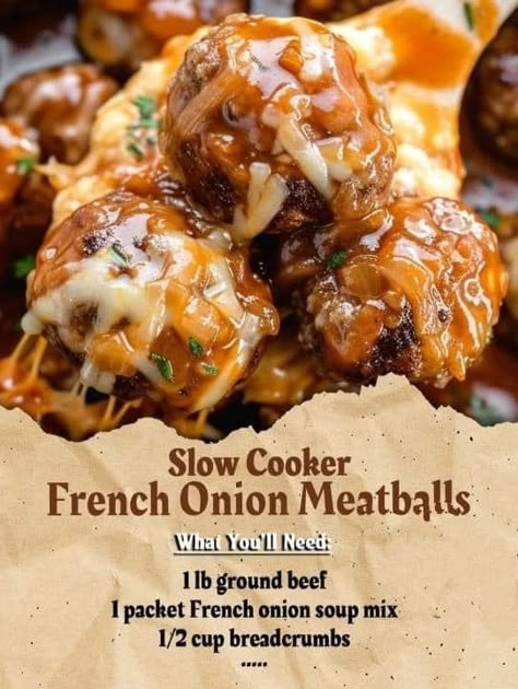 Bobby Flay Fans | Slow Cooker French Onion Meatballs 😍😋 | Facebook Slow Cooker French Onion Meatballs, French Onion Meatballs, Onion Meatballs, Classic French Onion Soup, Grandma Cooking, Meatball Ingredients, Healthy Slow Cooker, Slow Cooker Recipes Healthy, Soup Mixes