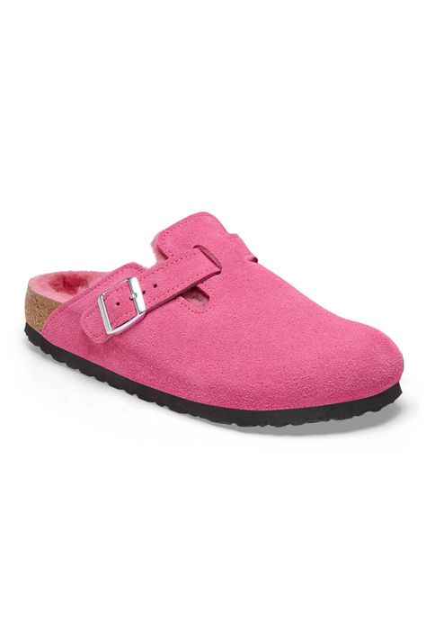 Birkenstock Boston Shearling for Women in Pink Boston Shearling, Birkenstock Boston Shearling, Birkenstock Styles, Birkenstock Style, Two Strap Sandals, Birkenstock Women, Suede Fashion, Calf Muscles, Girly Shoes