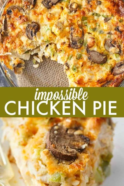 Impossible Chicken Pie - A delicious vintage meal for your family! This easy chicken pie bakes it own crust and is filled with tender chicken and veggies. Easy Chicken Pie, Impossible Pies, Bisquick Chicken, Brunch Bake, Chicken Pie Recipe, Turkey Pie, Impossible Pie, Simply Stacie, Pie Maker